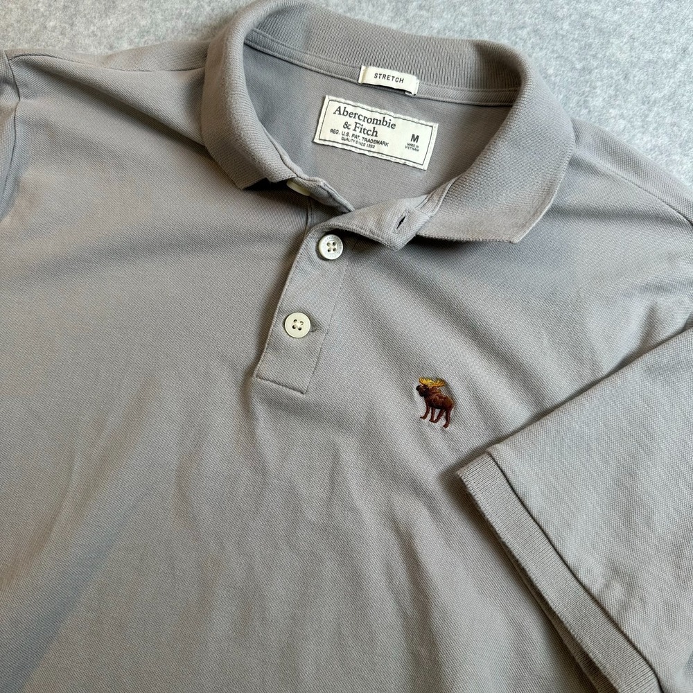 Y2K Abercrombie & Fitch Mens M Gray Stretch Polo Shirt Moose Logo Preppy A&F